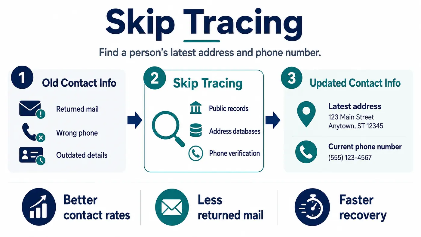 Skip tracing process showing how outdated contact information is researched through public records, address databases, and phone verification to find a person’s latest address and phone number.