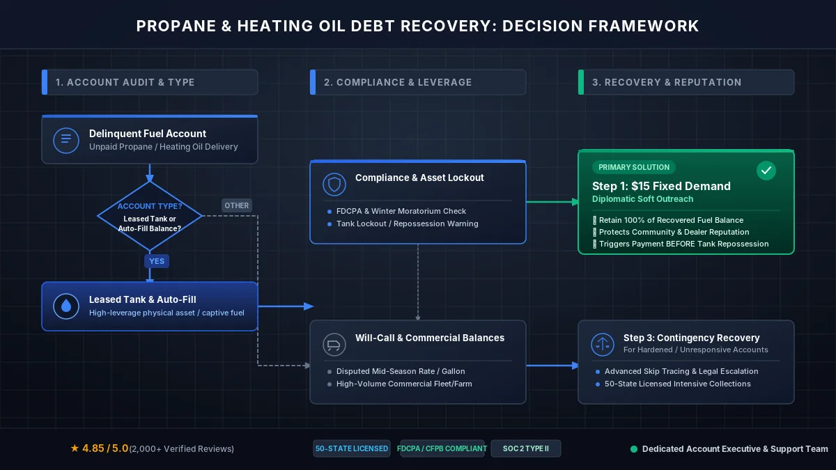 Decision tree diagram outlining compliance checks, leased tank lockout leverage, and $15 fixed-fee recovery workflows for propane and heating oil debt collection