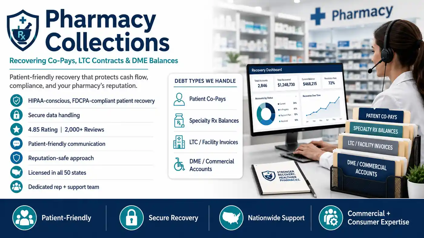 Pharmacy collections service for recovering patient co-pays, specialty medication balances, long-term care invoices and DME accounts with secure, patient-friendly and reputation-safe support.
