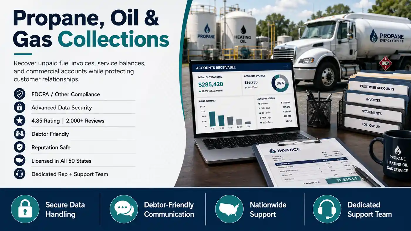 Propane, oil and gas collections service recovering unpaid fuel invoices and commercial accounts with secure data handling, debtor-friendly communication, nationwide licensing, dedicated support, and a 4.85 rating from 2,000+ reviews.