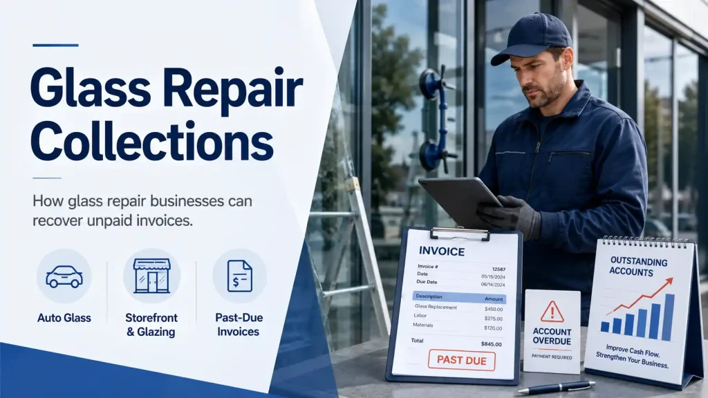 Glass repair contractor reviewing overdue auto-glass and storefront invoices