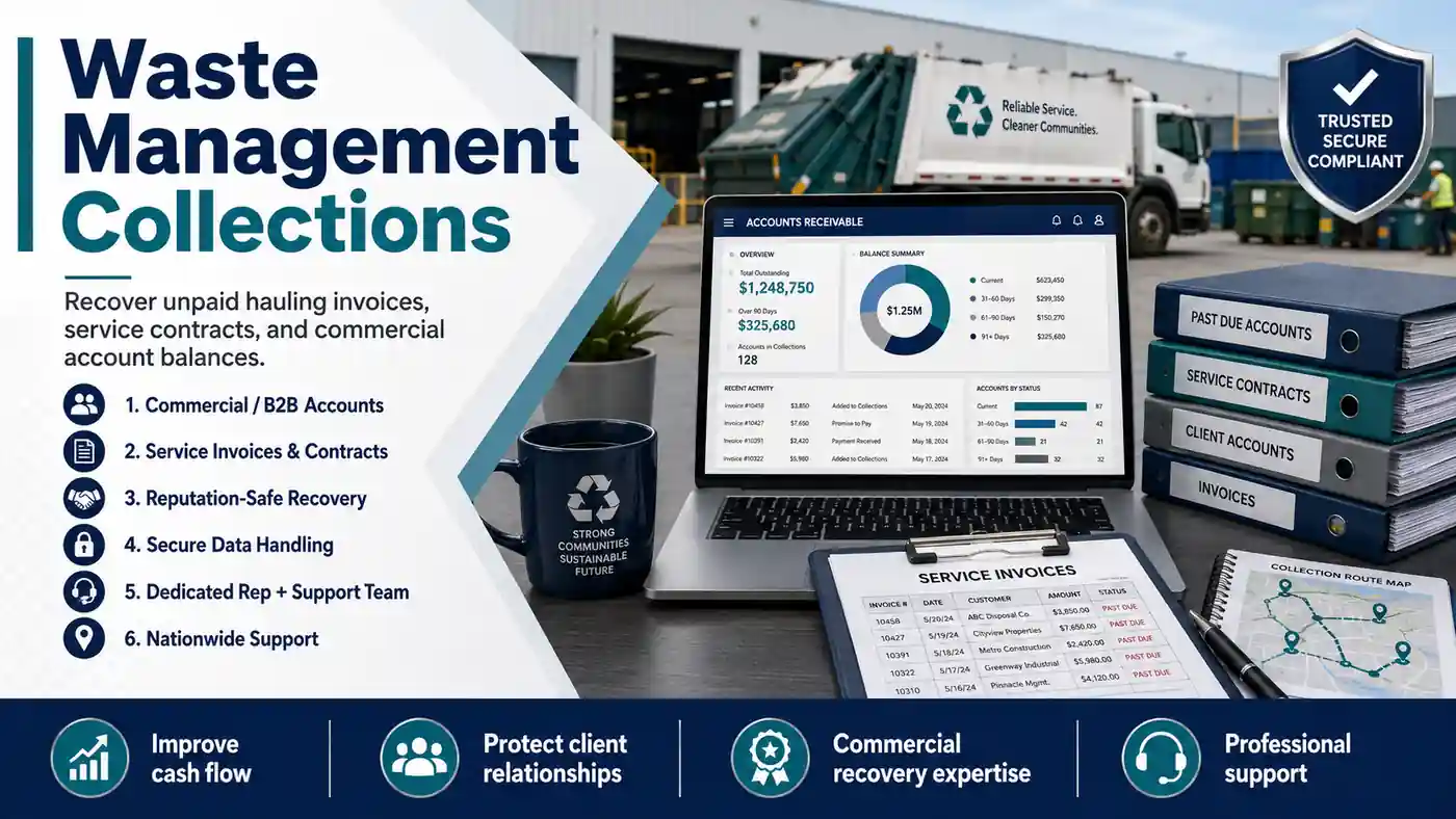 Waste management collections service recovering unpaid hauling invoices, service contracts and commercial accounts through secure, reputation-safe B2B debt recovery and dedicated nationwide support.