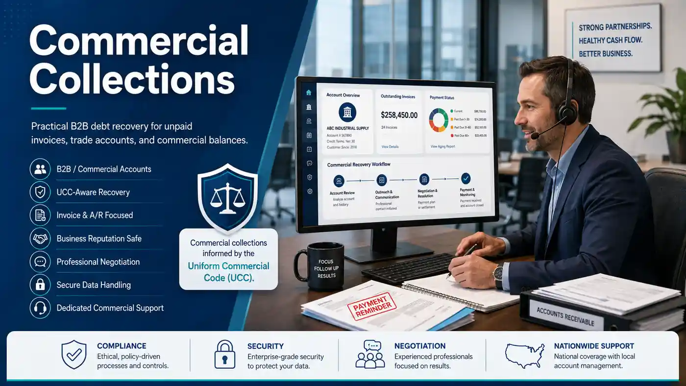 Infographic displaying the B2B commercial debt dispute matrix showing strategies for Net 30 trade credit, supply contract breach, and personal guarantees