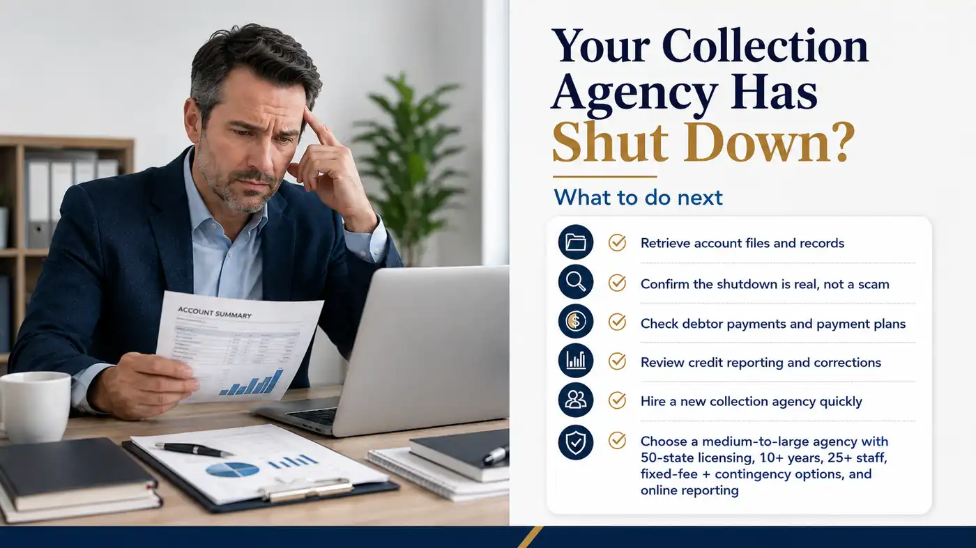 Concerned business owner reviewing account records after a collection agency shuts down, with steps to protect payments and transfer accounts.