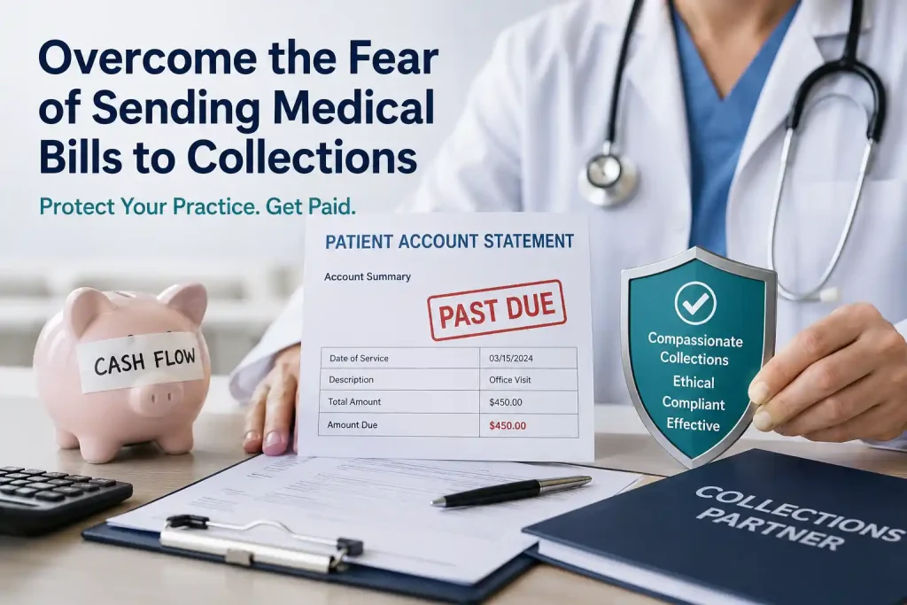 Doctor reviewing patient accounts receivable, illustrating hesitation to send balances to collections