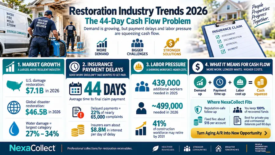 Restoration industry trends 2026 infographic showing market growth, 44-day insurance payment delays, labor shortages, rising costs, and cash flow challenges for restoration companies.