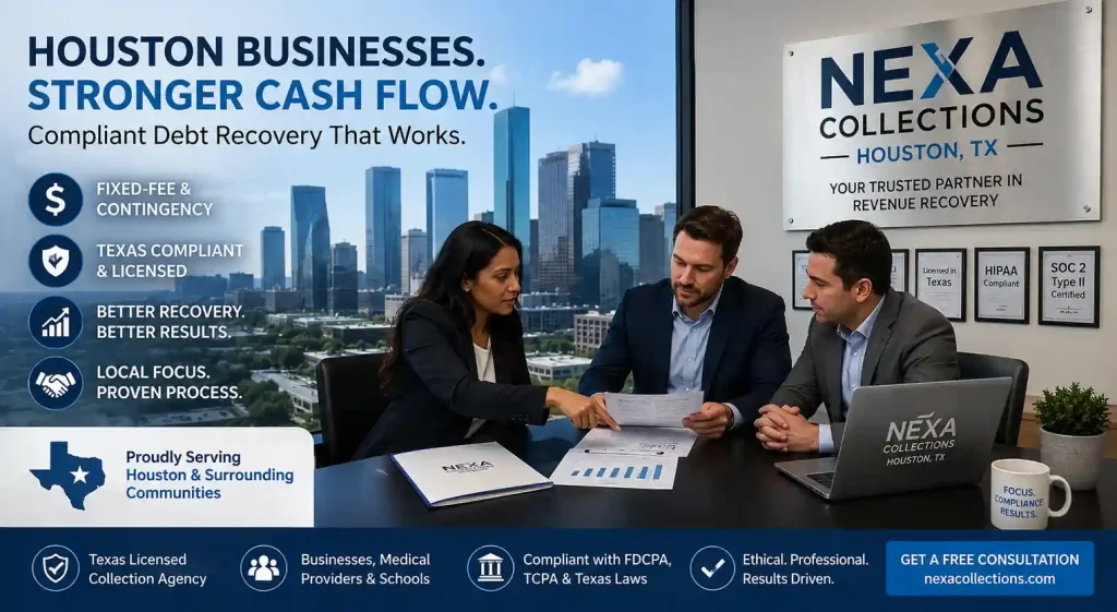 Houston skyline representing citywide business, medical, and energy-sector debt collection services