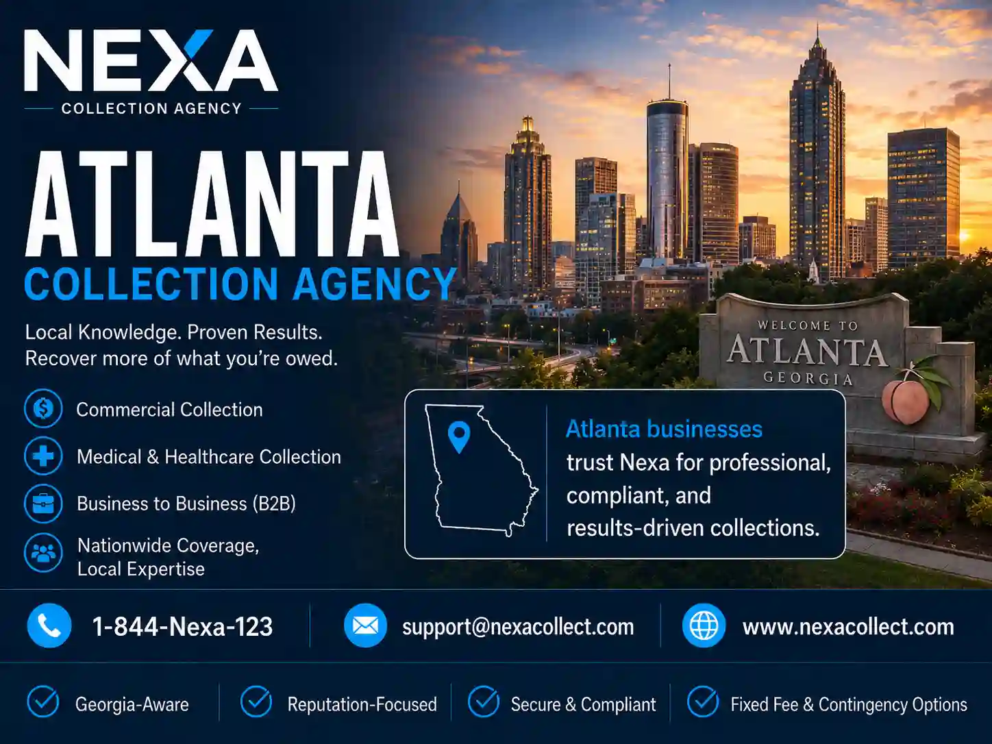 Nexa is an Atlanta collection agency serving medical, commercial and B2B businesses with professional, reputation-focused debt recovery and nationwide support.