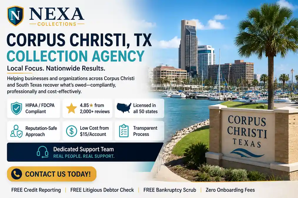 Corpus Christi, TX collection agency services by Nexa Collections offering compliant, reputation-safe debt recovery, low-cost collection options, and nationwide support.
