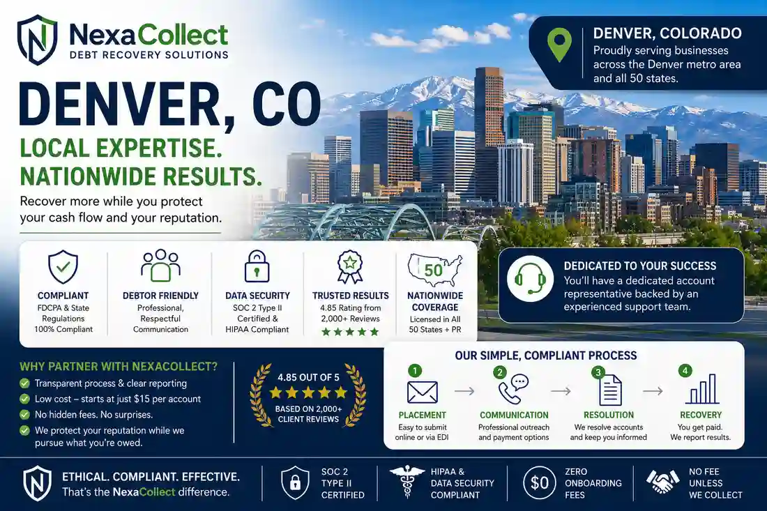 Denver, Colorado collection agency offering reputation-safe debt recovery, Colorado-aware compliance, secure data handling, nationwide coverage, and transparent recovery support.