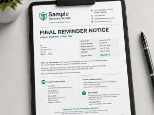 Final reminder notice from a sample collection agency showing a past-due account, amount owed, payment instructions, and contact details.