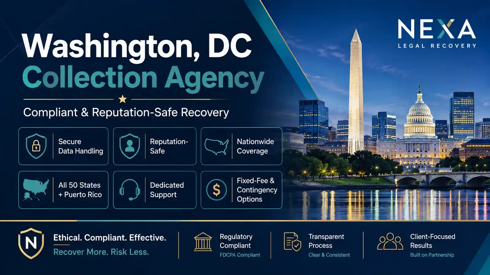 Washington, DC collection agency offering compliant, reputation-safe debt recovery, secure data handling, nationwide coverage, dedicated support, and flexible fixed-fee or contingency options.