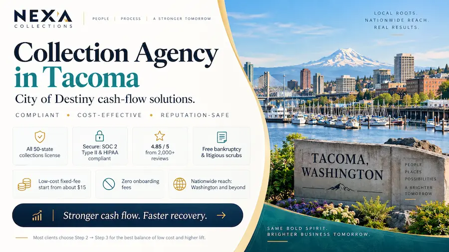 Port of Tacoma waterfront with cargo cranes and Mount Rainier representing logistics, healthcare, manufacturing and business debt recovery