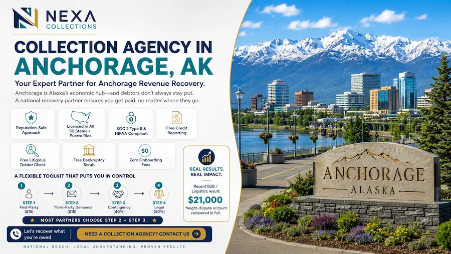 Anchorage Alaska skyline with Chugach Mountains representing reputation-safe medical, commercial and small business debt collection