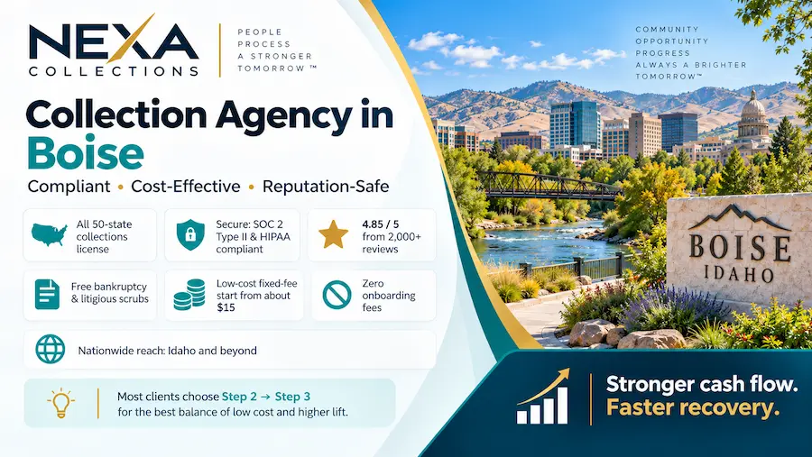 Downtown Boise Idaho with the State Capitol and foothills representing healthcare, technology, education and business debt recovery
