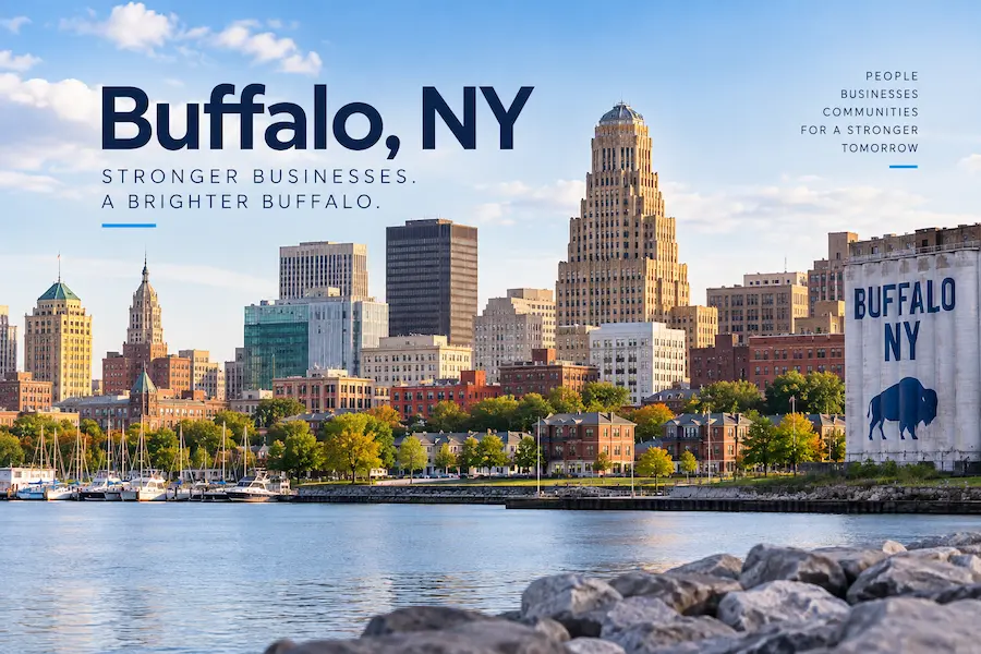 Buffalo New York waterfront and downtown skyline representing healthcare, manufacturing and business debt recovery