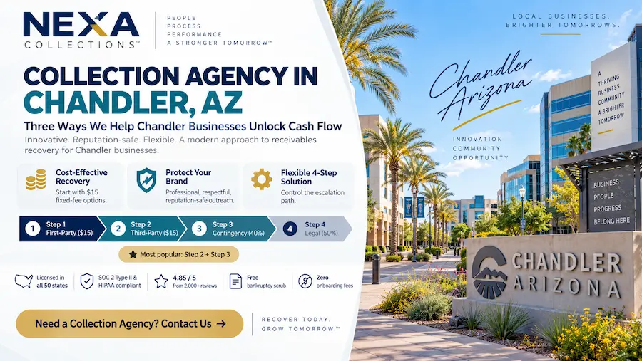 Downtown Chandler Arizona business district representing reputation-safe medical, semiconductor, B2B and small business debt collection