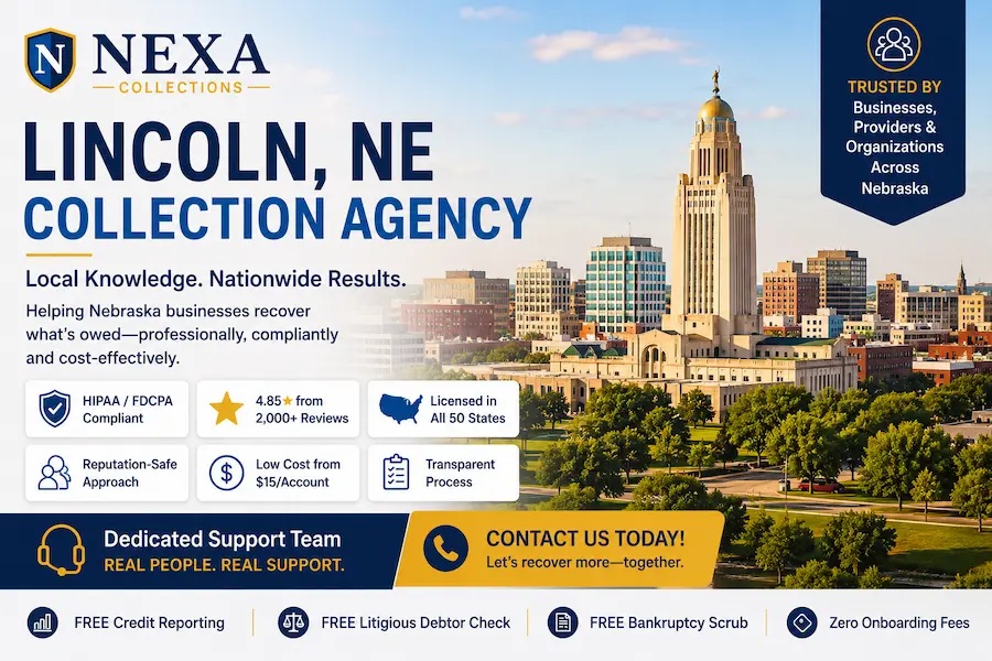 Lincoln Nebraska skyline and State Capitol representing reputation-safe medical, dental, school and B2B debt collection services